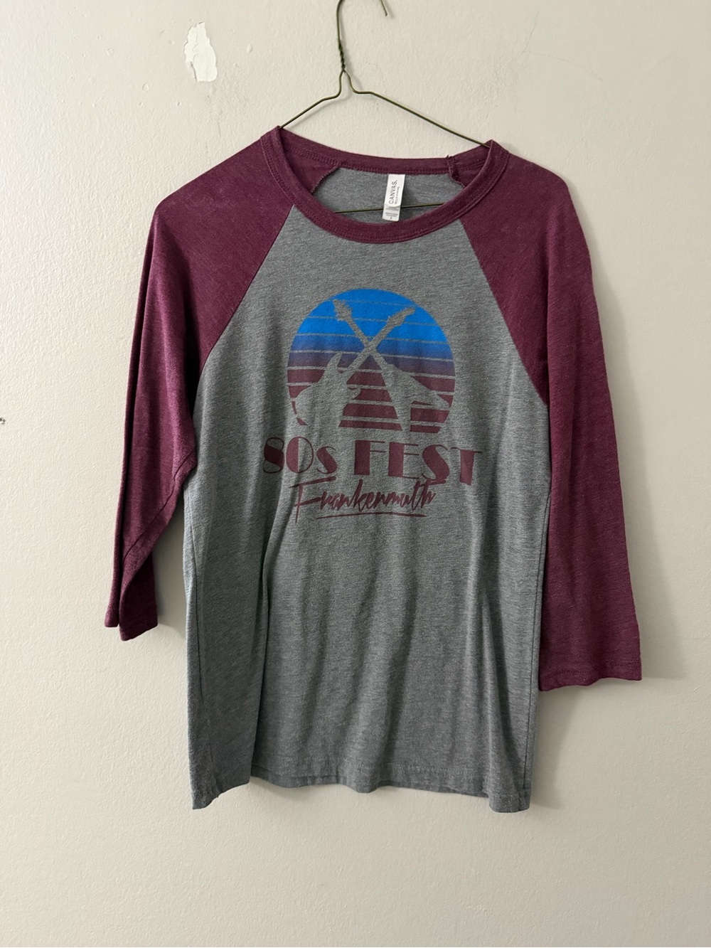 Grey and Burgundy Raglan Baseball Tee - 80s Fest Guitar Graphic Frankenmuth, MI